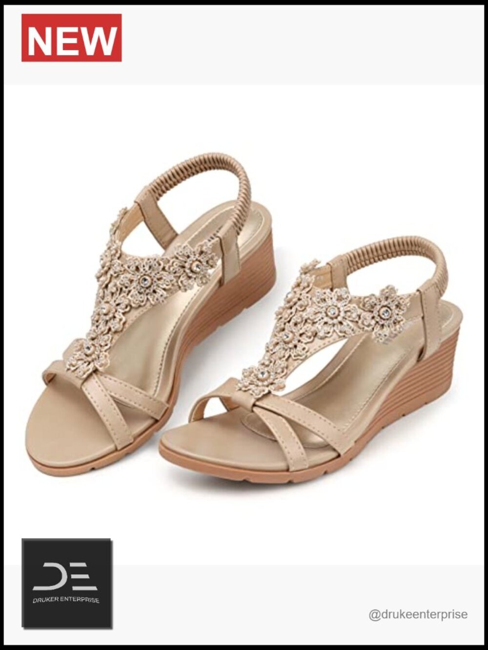 Low Wedge Heels Platform Sandals Elastic Ankle Strap Open Toe Rhinestone Floral - Picture 6 of 7
